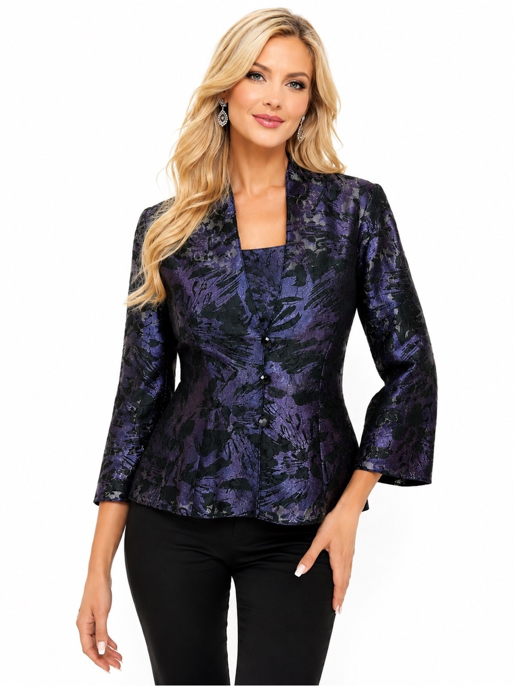 Alex Evenings 2-Piece Purple Black Floral Jacket & Shell Set Size Small